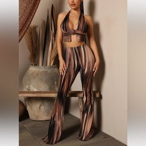 Fashionnova Brown Halter Top Elastic Waistband Two Piece Set